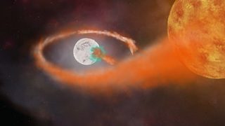 Illustration of a white orb surrounded by a trail of orange gas leading to a bright star in the upper right of the scene.