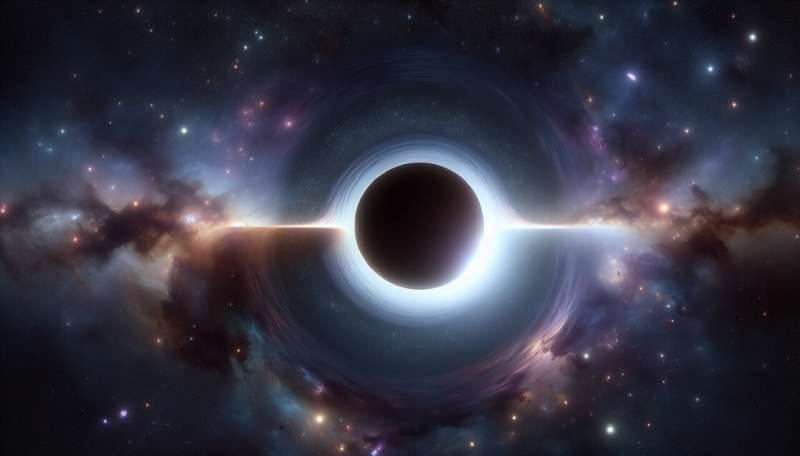 event horizon of a black hole: Create a realistic image of space in the background and a black circle in the middle, which represents a black hole, with faint light shining around the black circle