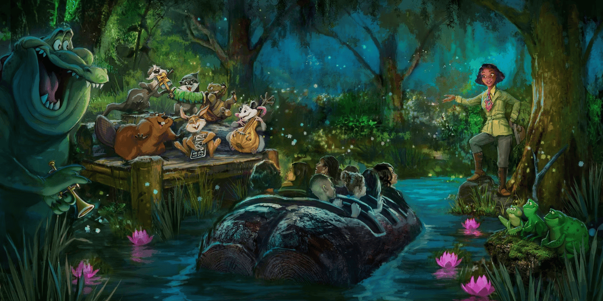 A whimsical nighttime scene in Magic Kingdom's new attraction features riders in a log flume approaching an animated group of animals playing on a wooden dock.  A woman in an explorer's outfit smiles near a tree and two green frogs sit on a water lily in the water dotted with pink flowers.