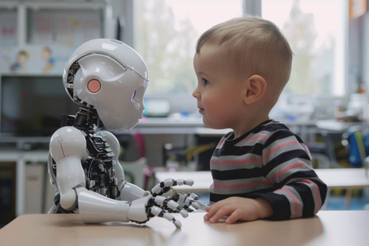 It shows a baby and a robot.