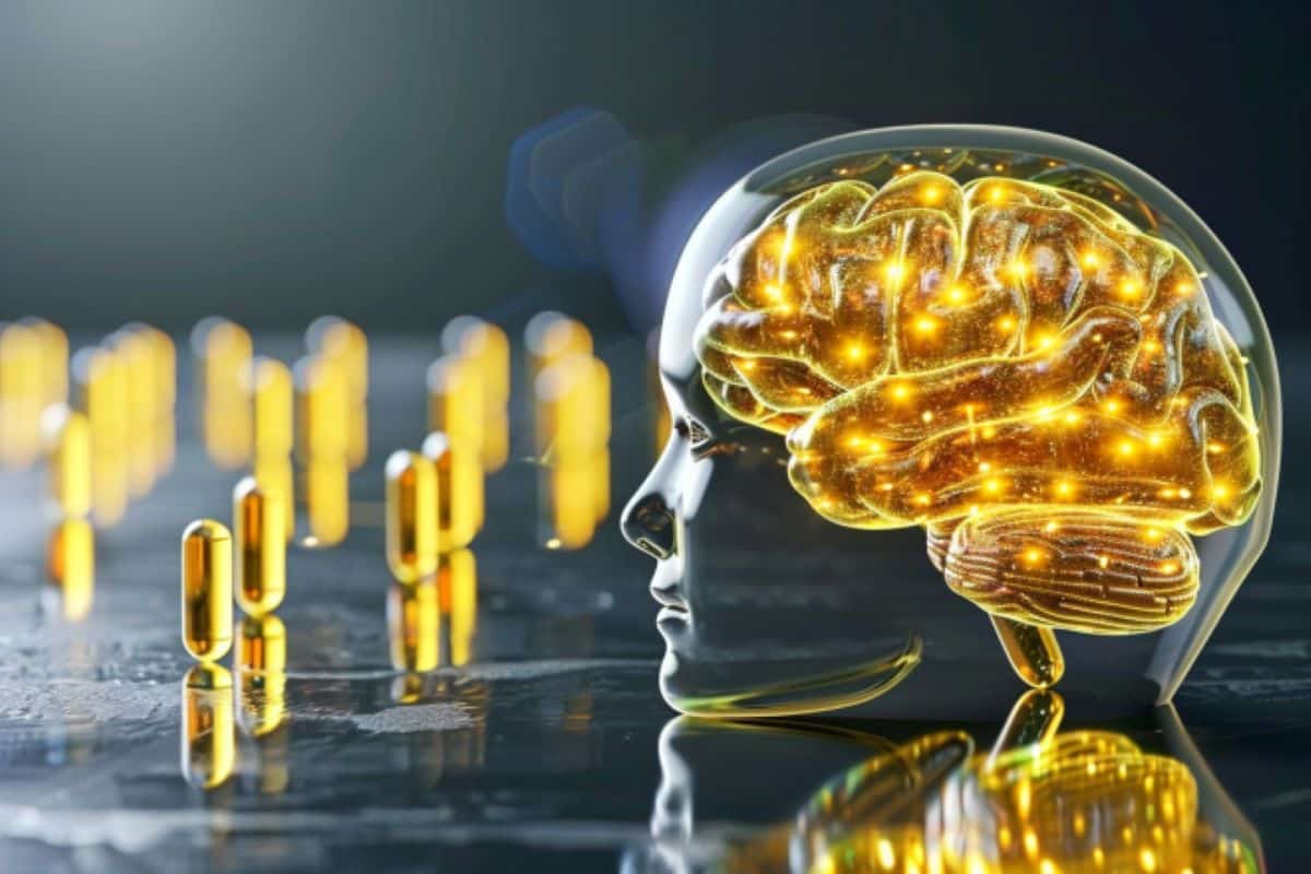 This shows a brain and vitamin B6 capsules.