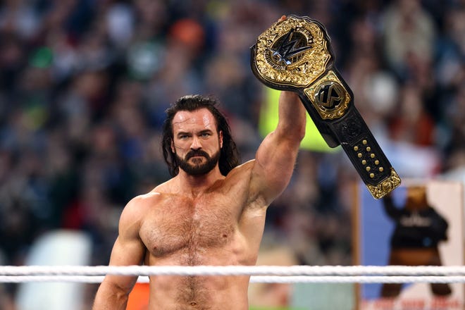 Drew McIntyre reacts after defeating Seth Rollins to win the WWE World Heavyweight Championship on night two at Lincoln Financial Field on April 7, 2024 in Philadelphia, Pennsylvania.