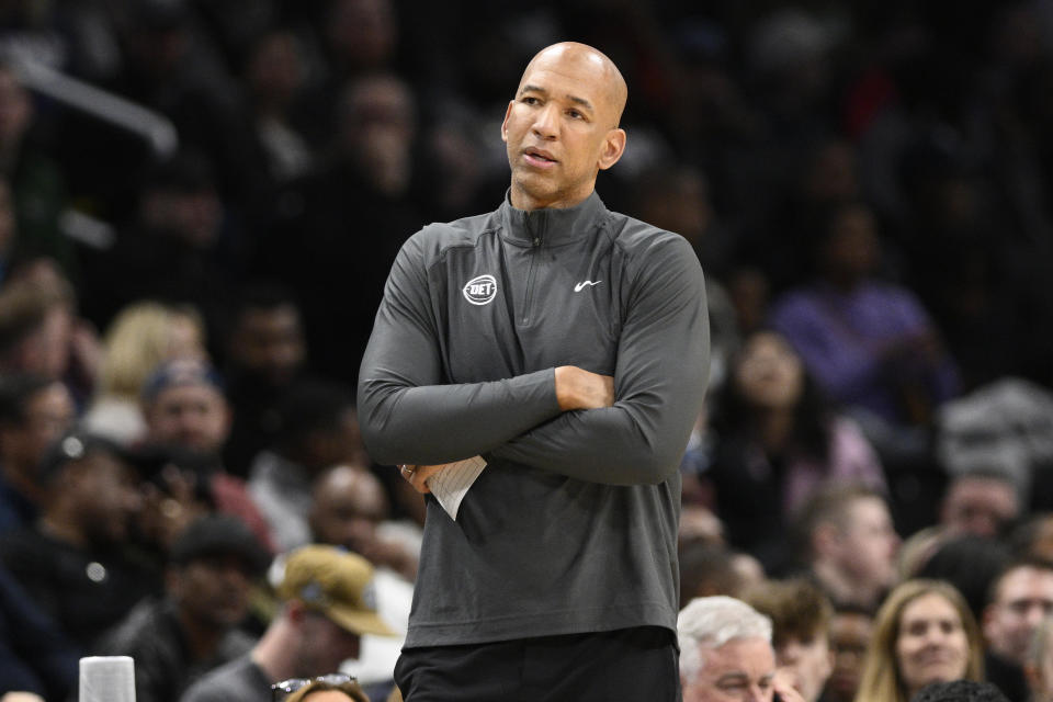 FILE - Detroit Pistons head coach Monty Williams watches the first half of an NBA basketball game against the Washington Wizards, Friday, March 29, 2024, in Washington.  The Detroit Pistons have fired coach Monty Williams after just one season, a person with knowledge of the decision told The Associated Press on Wednesday (June 19).  (AP Photo/Nick Wass, File)