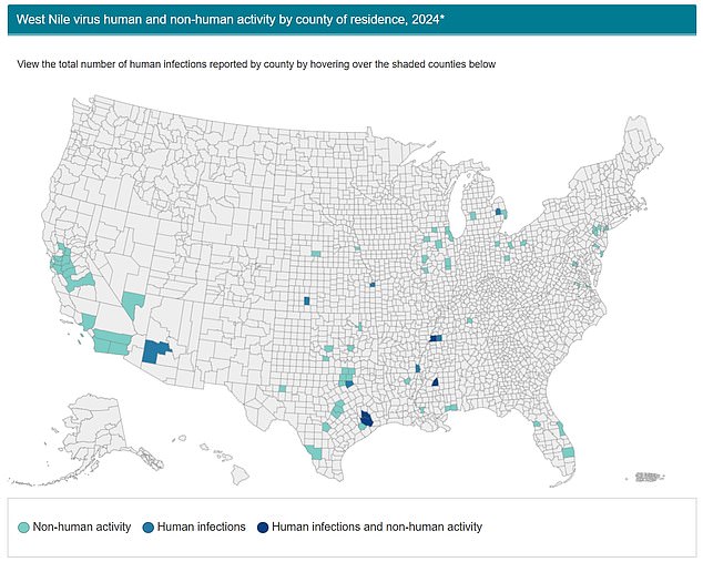 The map above shows areas where West Nile virus has been detected in mosquitoes (light blue) or people (dark blue) so far this year.  The season normally begins in late July in much of the country, but authorities are concerned about the early start this year