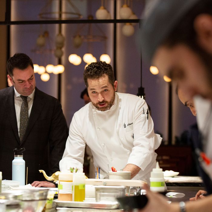 Chef James Kent, right, with his partner Jeff Katz, left, in the kitchen at Crown Shy in New York on March 14, 2019. (Caitlin Ochs/The New York Times)