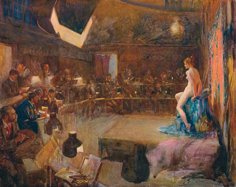 A colorful painting depicting a group of students sitting in a semi-circle and drawing a nude model posing for them on a stage.