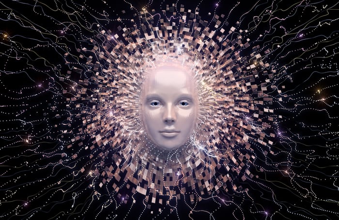 A humanoid face emerging from a sea of ​​pixels and circuits, representative of artificial intelligence. 