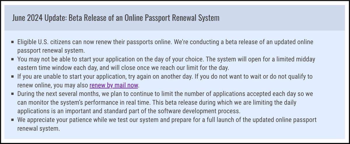 a screenshot of an announcement from the MyTravelGov website regarding the beta version of their online passport renewal system which explains how the program will accept a limited number of applicants per day