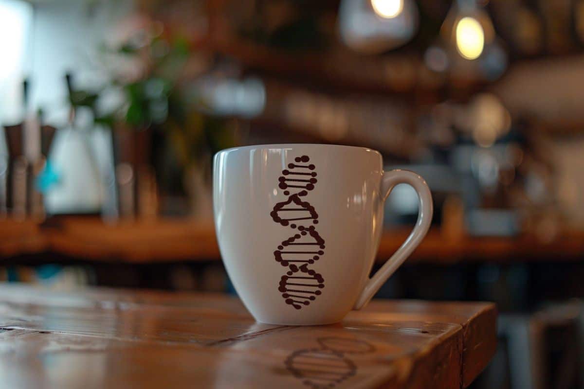 It shows a coffee cup with a picture of DNA on it.