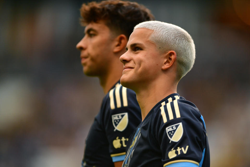 July 17, 2024; Philadelphia, Pennsylvania, USA; Philadelphia Union midfielder Quinn Sullivan (back) and midfielder Cavan Sullivan (6) look on before the match against the New England Revolution at Subaru Park. Mandatory Credit: Caean Couto-USA TODAY Sports