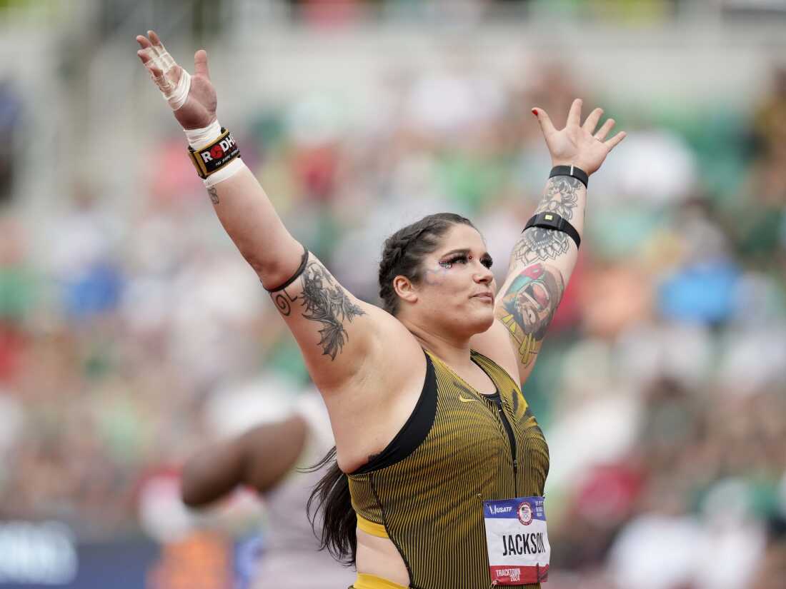 Chase Jackson competes in the women's shot put final at the track trials.