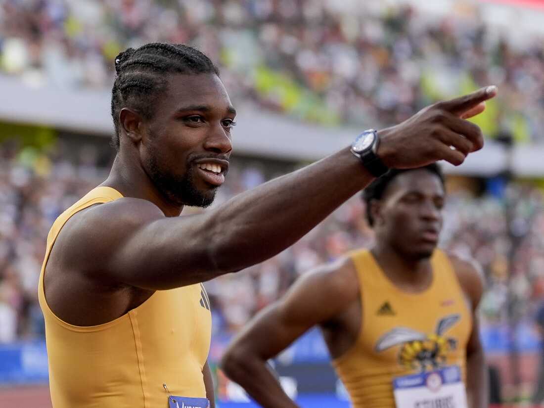 Noah Lyles celebrates after winning the men's 200 meters final at the U.S. Olympic Team Trials in track and field, Saturday, June 29, 2024, in Eugene, Ore.