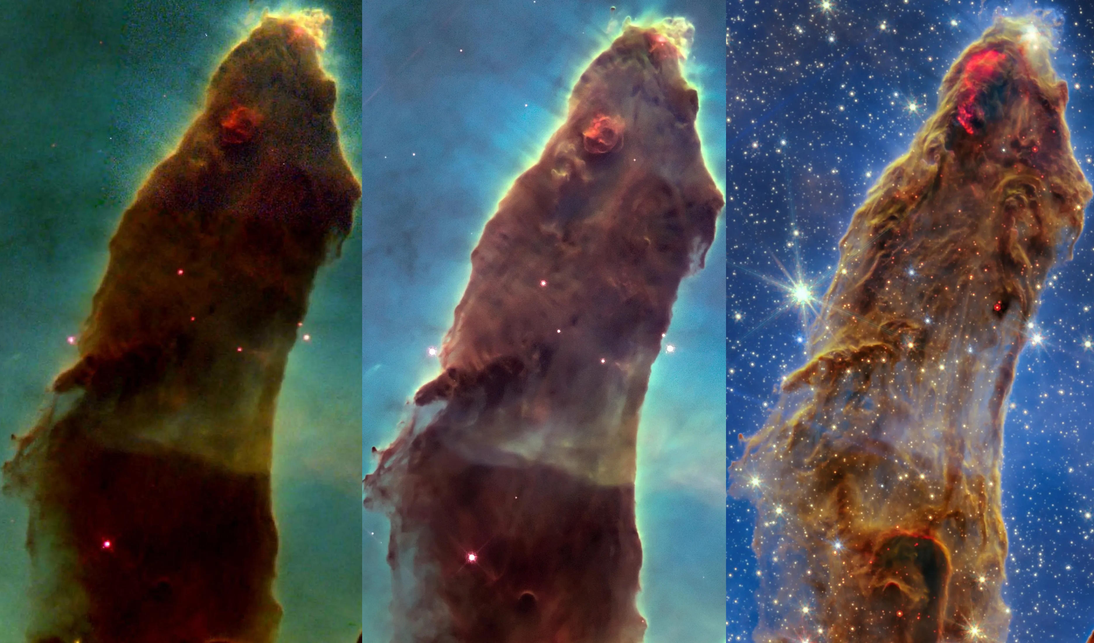 Three images of the same celestial pillar of the Eagle Nebula, known as the Pillars of Creation, captured by the Hubble (left, center) and James Webb (right) telescopes, show progressive detail and a color variation from green to blue to star field.