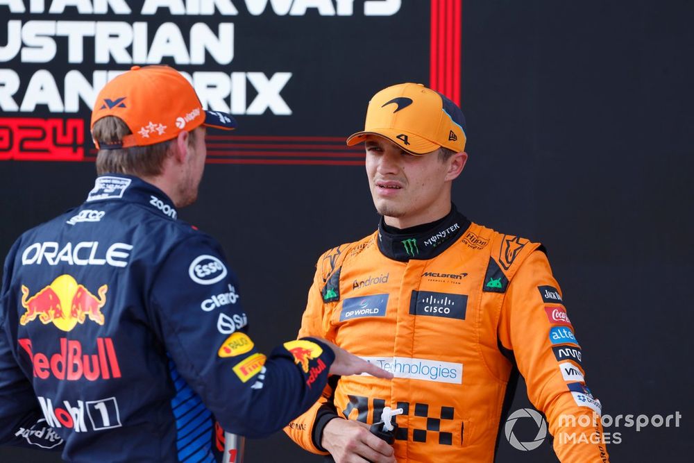 Max Verstappen, Red Bull Racing, Lando Norris, McLaren F1 Team, chat in the Parc Fermé