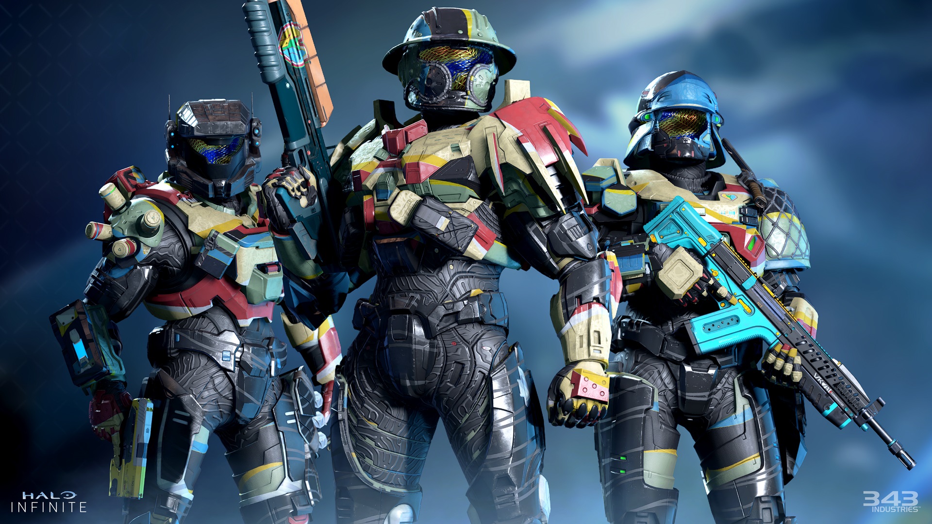 Halo Infinite image of three Spartans dressed in Disability Pride Month 2024 customization content