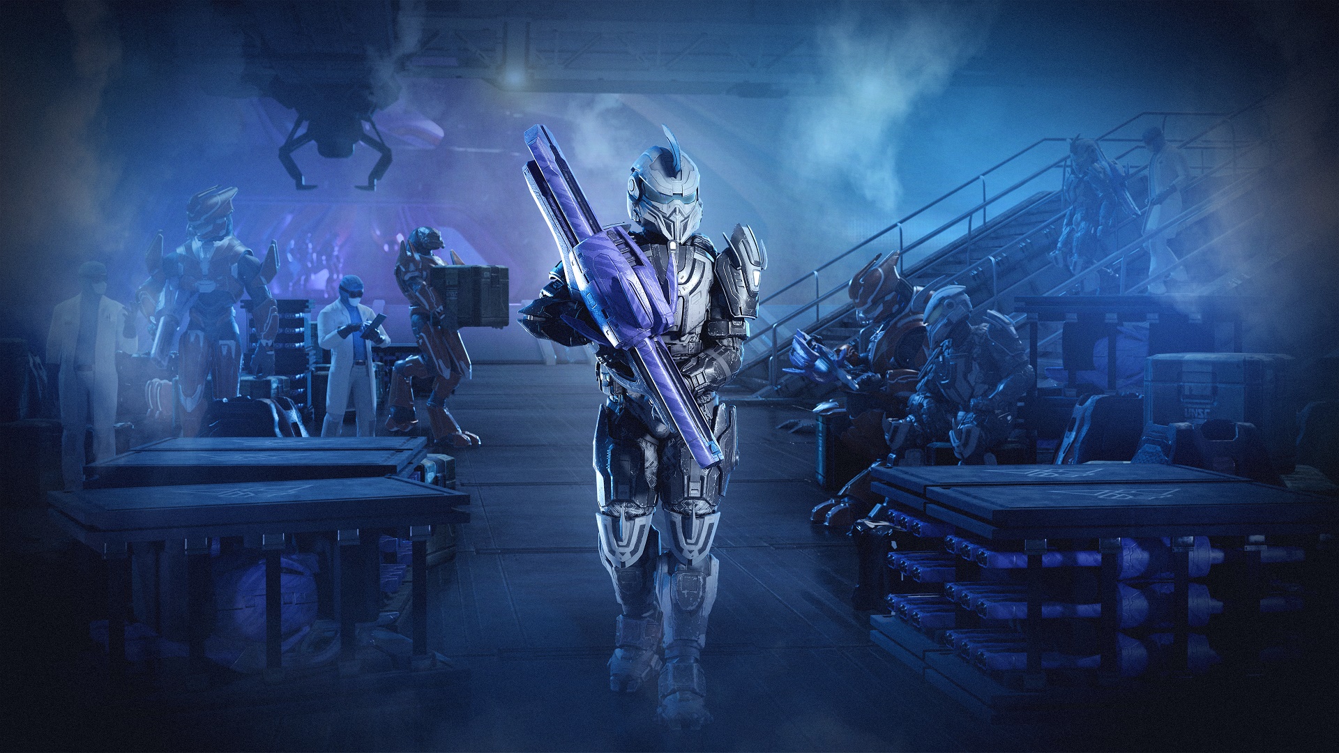 Operation: Anvil key art depicting Humans and Sangheili working together aboard Anvil Station as a Spartan clad in ASSAILER armor walks among them holding an M41 SPNKr with the Smash and Grab weapon model