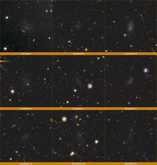 Several images from space indicate the location of dwarf galaxies.