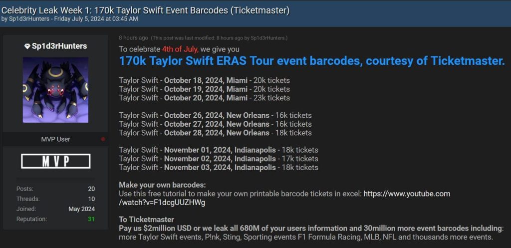 Ticketmaster Breach: ShinyHunters Leaks 440,000 Tickets to Taylor Swift Eras Tour