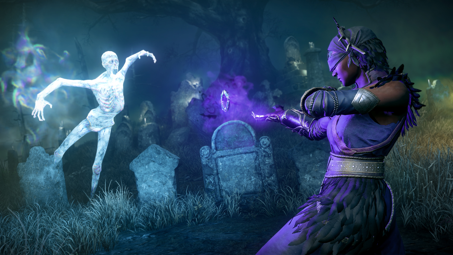 New World Aeternum turns an average MMO into a great RPG: a blindfolded witch throws purple energy from her hands into a graveyard area as a spirit flies toward her 