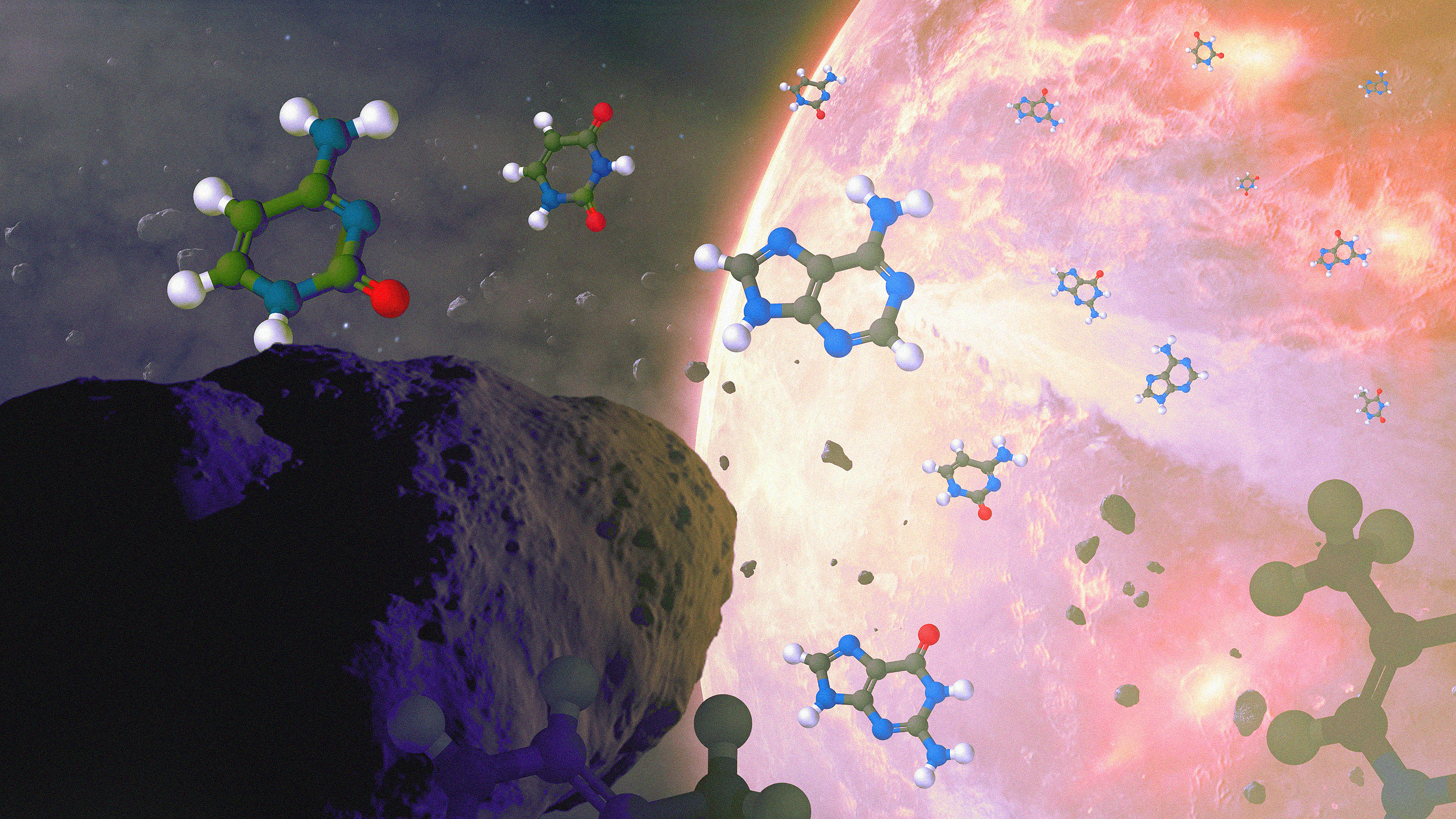 An artistic representation of possible early life in the form of organic molecules near a cosmic object with a stellar background.