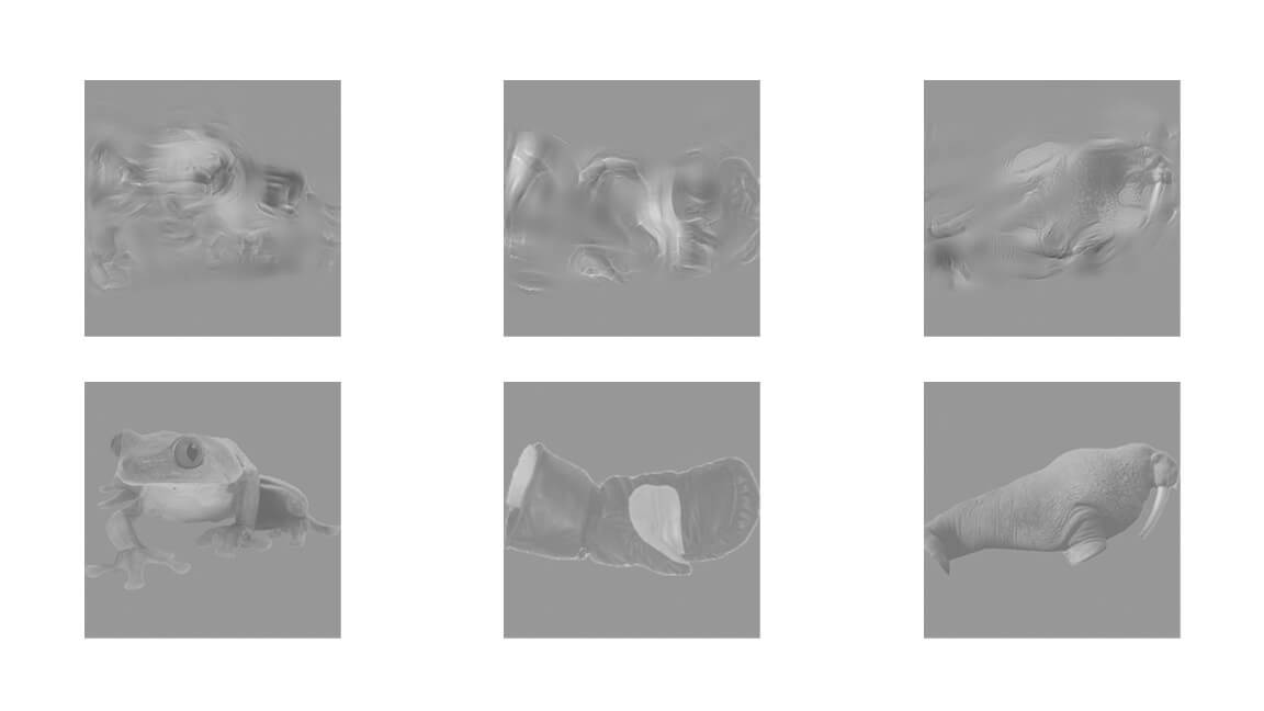 Three pairs of texforms showing unrecognizable and clear versions of objects