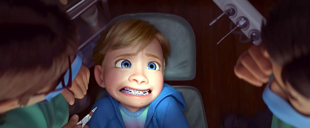 Riley, 13, grimaces in the dentist's chair in a scene from Pixar Animation Studios' Inside Out 2