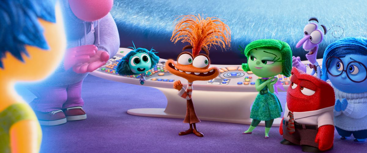 The emotions inherited from Pixar's Inside Out all come together around a new arrival, Anxiety, who has orange skin and looks like a Muppet.