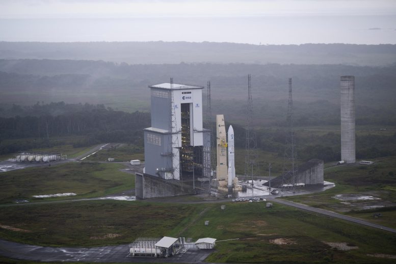 Ariane 6 seen from the sky before takeoff