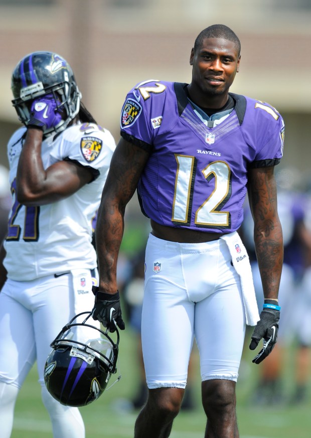 Owings Mills, MD--8/11/12--Jacoby Jones, #12 of the Ravens. Baltimore Ravens football practice at...