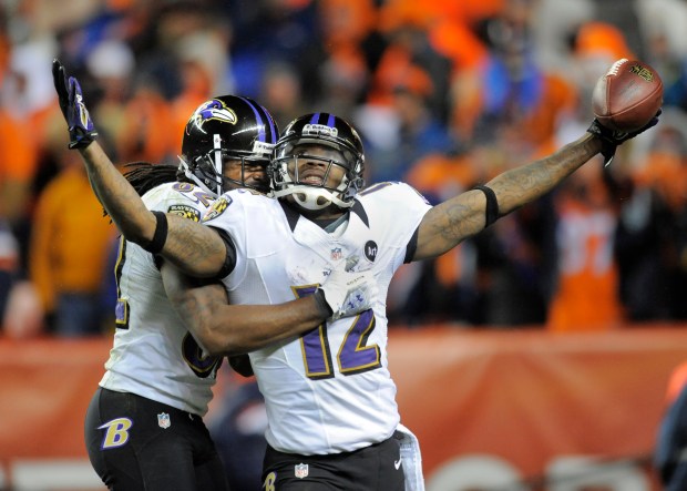 12/01/13--Denver, CO-- sp-p-ravens-broncos-fox, -- Ravens No. 12 Jacoby Jones and his teammate...