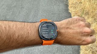 The Samsung Galaxy Watch Ultra showing the author's stride data after a run.