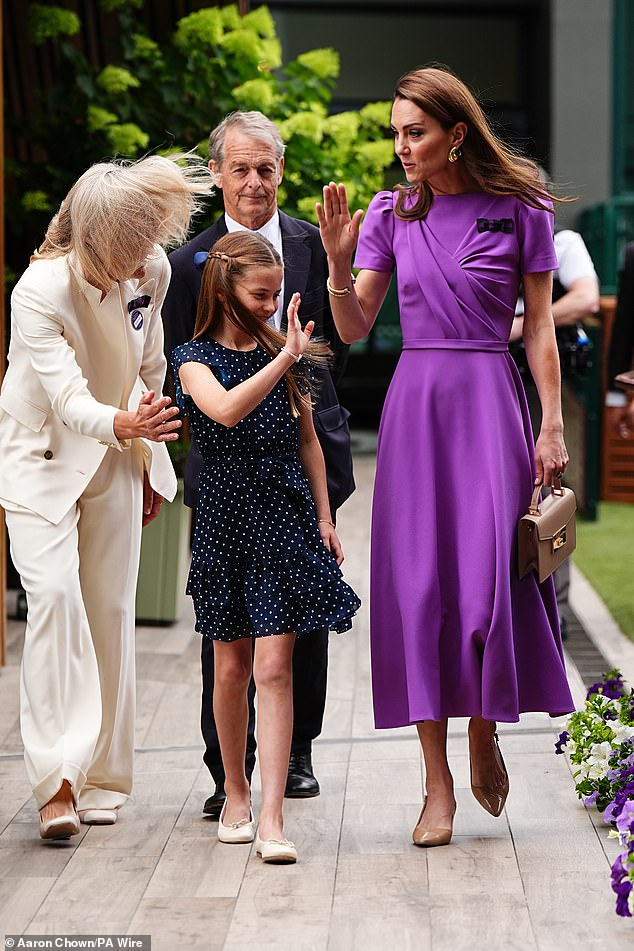 Charlotte, 9, also joined her mother in the royal box last year. They were without Prince George, 10, perhaps indicating he will join his father at the Euro final in Berlin tonight.