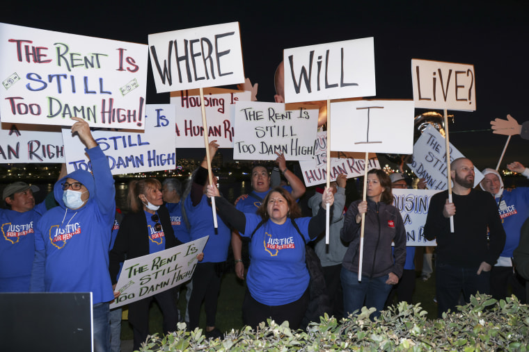 Rent control supporters protest outside the Apartment Association of Greater Los Angeles fundraiser on January 25, 2023 in Long Beach, California. 