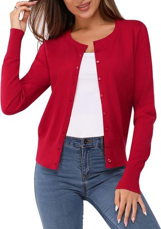 Newshows Women's Lightweight Long Sleeve Crew Neck Cardigan Sweater Soft Knit Lightweight Casual Fall 2024 (Purple Red, Medium)