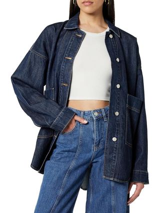 The Drop Women's Pilar Long Denim Jacket, Dark Indigo, Size M