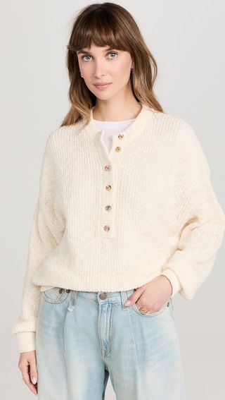 Amo Women's Gertrude Henley Sweater, Bone, Off-White, S