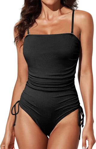 Aleumdr Women's Ribbed One Piece Swimsuits Tummy Control Side Tie High Cut Swimwear Black Small