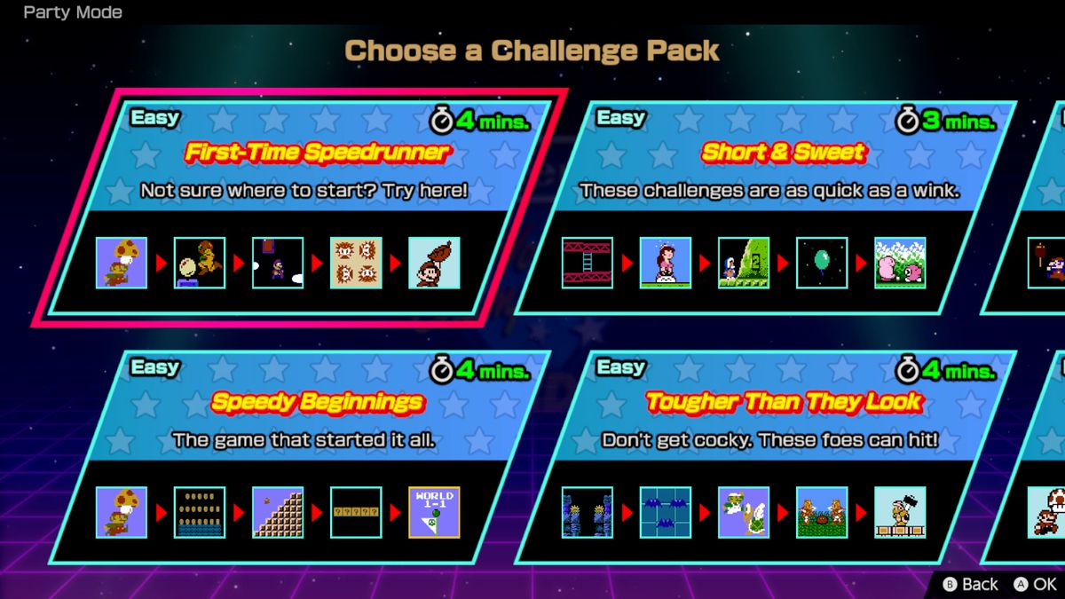 A screenshot of the Challenge Packs menu available in Party Mode in Nintendo World Championships: NES Edition.