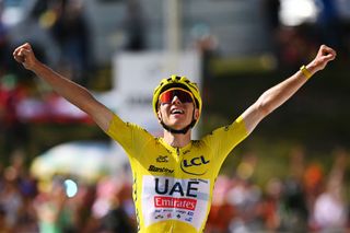 PLATEAU DE BEILLE FRANCE JULY 14 Tadej Pogacar of Slovenia and leader yellow jersey of Team UAE Emirates celebrates at the finish line as stage winner during stage 111 of the 2024 Tour de France, a 1977km stage from Loudenvielle to Plateau de Beille 1782m UCIWT on July 14, 2024 at Plateau de Beille France Photo by Dario BelingheriGetty Images