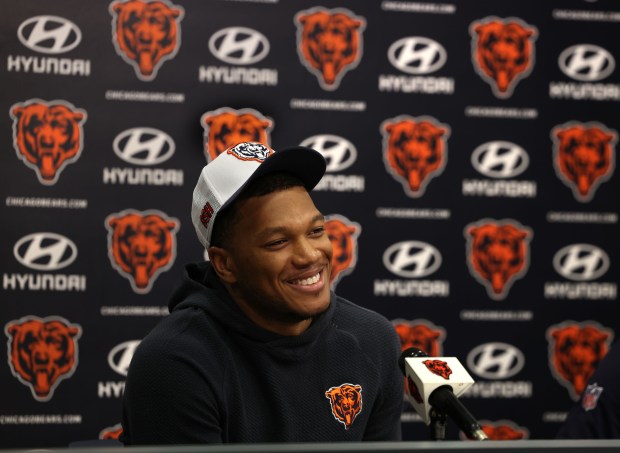 Bears wide receiver DJ Moore speaks to the media during a news conference at Halas Hall on July 19, 2024. (Stacey Wescott/Chicago Tribune)