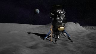 An illustration of the private Nova-C lunar lander built by Intuitive Machines with NASA's Polar Resources Ice-Mining Experiment-1 (PRIME-1) attached to the spacecraft.