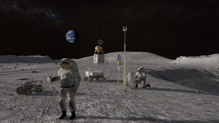 Artist's impression of astronauts working on the surface of the moon.