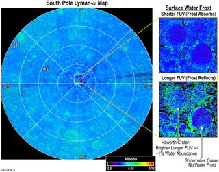 These images (insets) produced by the Lyman Alpha Mapping Project (LAMP) aboard NASA's Lunar Reconnaissance Orbiter reveal features at the moon's north and south poles in regions that are in perpetual darkness. Scientists believe these areas could hide fuzzy soil and water ice.