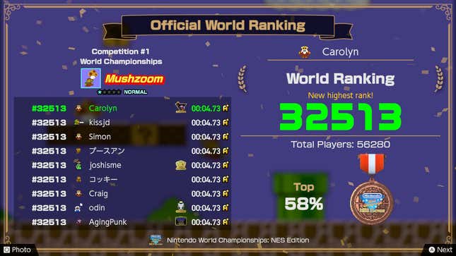 A screen showing the only real leaderboard in the game, for the Weekly World Championships mode.