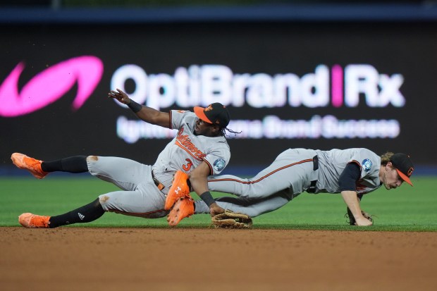 Baltimore Orioles second baseman Jorge Mateo, left, and shortstop Gunnar...