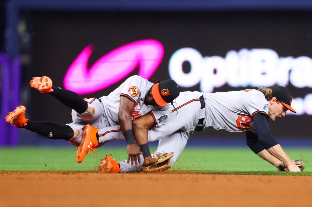 Orioles' Jorge Mateo, left, and Gunnar Henderson collide during...