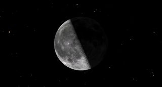 A quarter moon hangs in the center and large in the starry space, its shadowed half on the right.