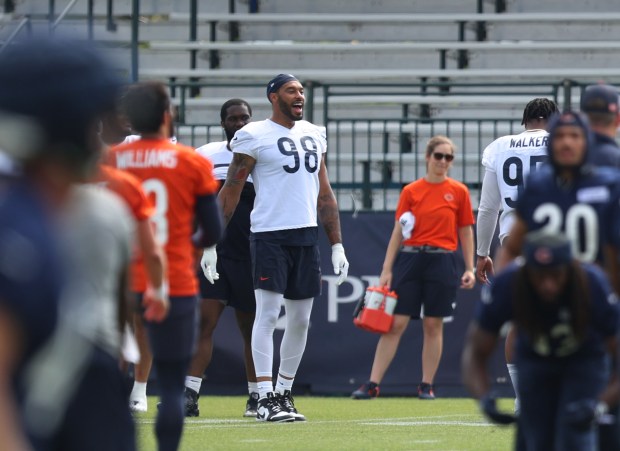 Chicago Bears defensive end Montez Sweat (98) during training camp at Halas Hall on July 22, 2024, in Lake Forest. (Stacey Wescott/Chicago Tribune)