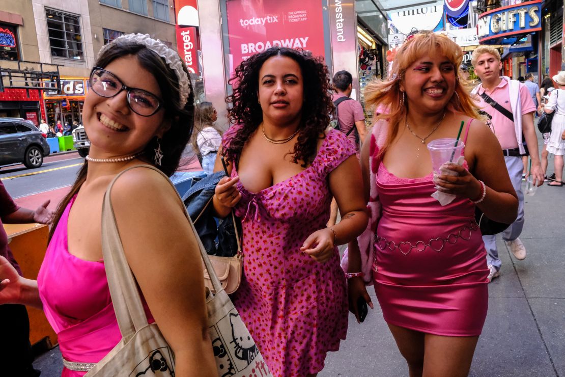 NEW YORK, NEW YORK - JULY 21: People dress up as Barbie dolls to attend the movie Barbie on July 21, 2023 in New York City. The film by director Greta Gerwig opens on opening day 