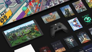 An Xbox controller on a black surface next to Game Pass artwork from various games.